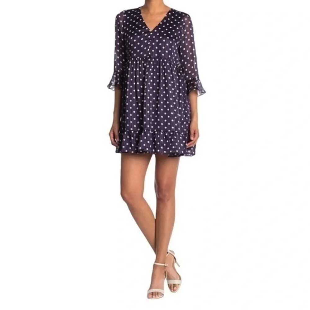 19 Cooper Navy Blue Polka Dot Mini Dress Size Large Metallic Stripe Sheer Sleeve